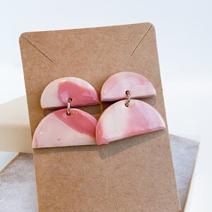 Handmade Polymer Clay Earrings - Pink Marbled Earrings - Lightweight - Half-Circles with Gold Accents