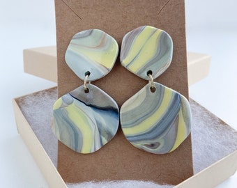 Handmade Polymer Clay Earrings - Yellow Marbled Earrings - Lightweight with Silver Accents