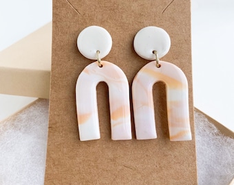 Handmade Polymer Clay Earrings - Peach/Pink Marbled Earrings - Lightweight - Arches with Gold Accents