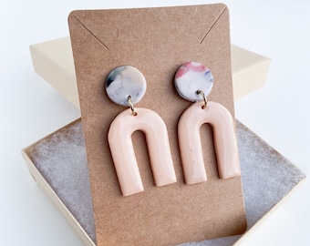 Handmade Polymer Clay Earrings - Light Pink and Marbled Earrings - Lightweight - Arches with Gold Accents