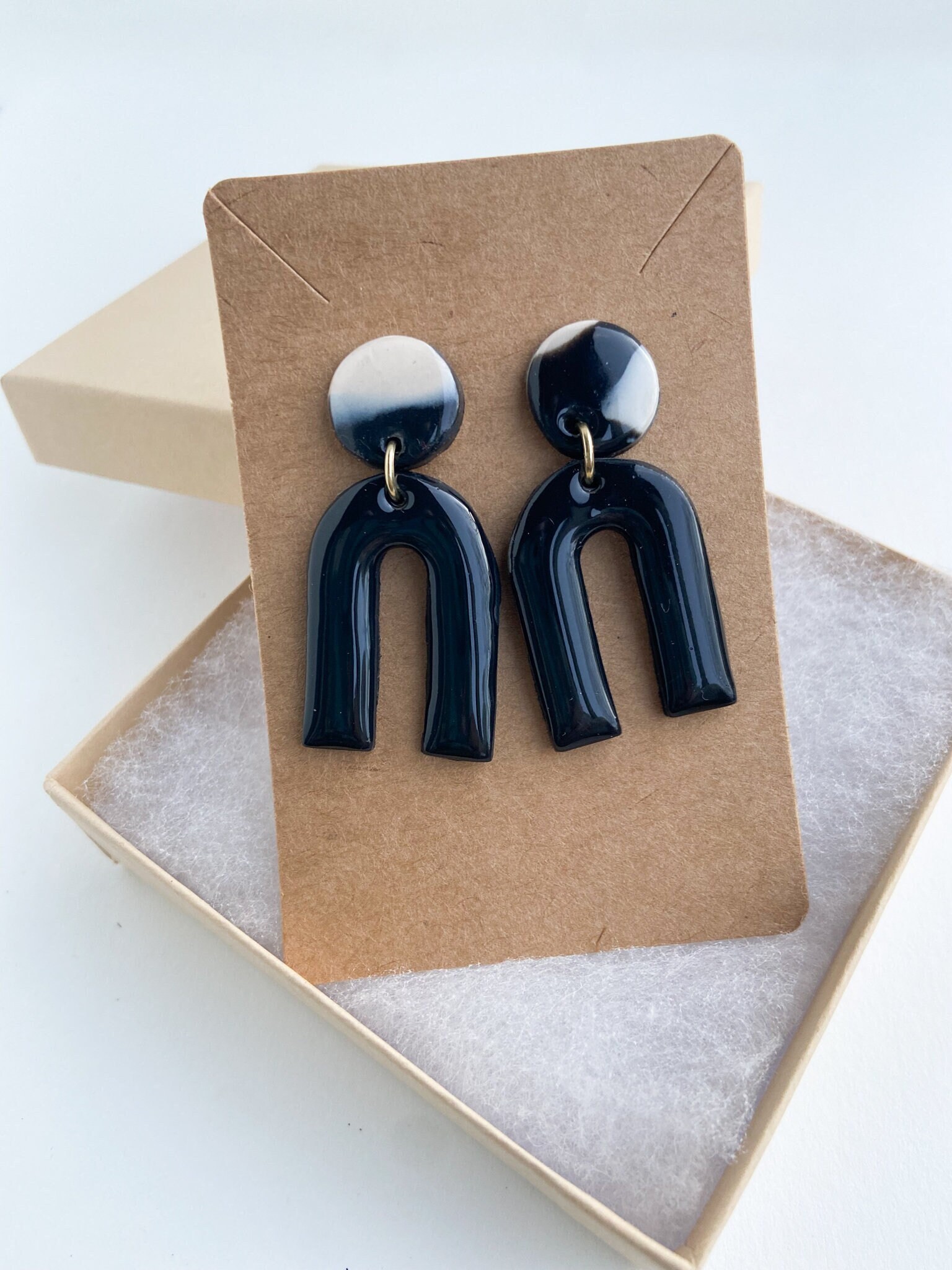 Handmade Polymer Clay Earrings - Black and Neutral Marbled Earrings - Lightweight - Arches with Gold Accents