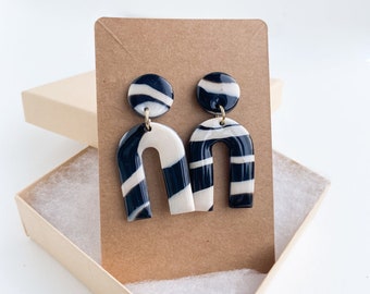 Handmade Polymer Clay Earrings - Black and White Striped Earrings - Lightweight - Arches with Gold Accents