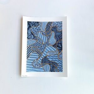 Hand Painted Acrylic Print - Blue Zentangle Print with Gold Accents - Pressed Cotton Paper