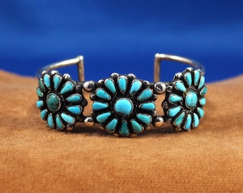 Natural Turquoise Flower Design Silver Cuff Bracelet, Vintage 1940&#39;s Navajo Sunburst Cuff, Turquoise Jewelry Lover Gift