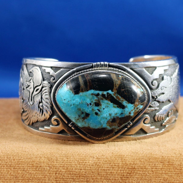 Morenci Natural Turquoise Large Triangular Stone and Sterling Silver Man's Cuff Bracelet, Vintage Navajo Artist Freddy Charley