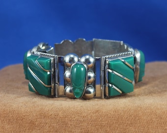 Green Onyx and Sterling Silver Bracelet, Vintage Mexican Made Carved Masks, Stamped Sterling, Collector's Jewelry Gift