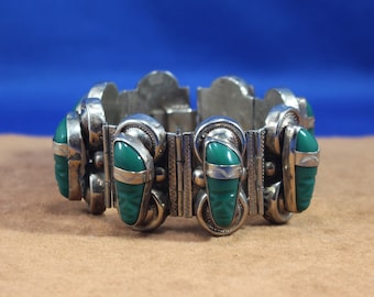 Green Onyx and Silver Bracelet, Vintage Stamped Silver Mexican Made, Carved Faces or Masks, Collector's Jewelry Gift