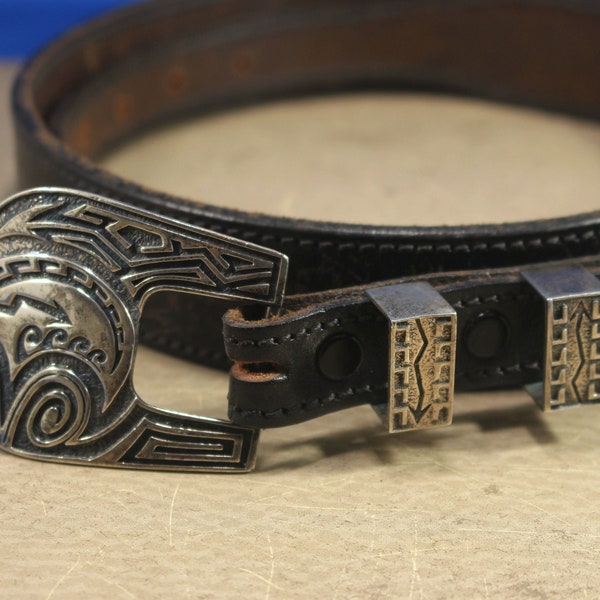 Hopi Range Rider Set Sterling Silver and Leather Belt, Vintage Signed by Masha, Western Belt Gift, Cowboy Gift, Cowgirl Gift