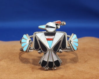 Zuni Thunderbird Cuff Multi-Stone Inlay and Sterling Silver, Vintage Signed Cuff Bracelet, Southwest Lover&#39;s Gift