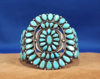 Natural Turquoise and Sterling Silver Needlepoint Cuff Bracelet, Vintage Navajo, Jewelry Lover Gift, Southwest Jewelry Collector&#39;s Gift