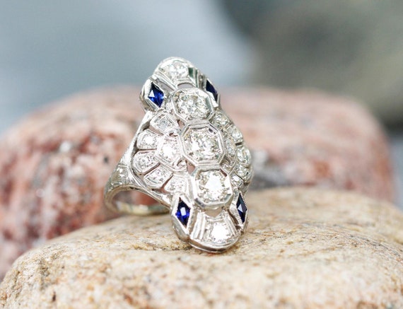 Antique Art Deco Sapphire Platinum Diamond Ring, 1.25 Carats ATW, Old European Cut Diamonds
