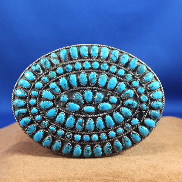 Natural Turquoise Cluster and Silver Belt Buckle Extra-Large Oval, Vintage Navajo Belt Buckle, Western Cowgirl Cowboy Gift