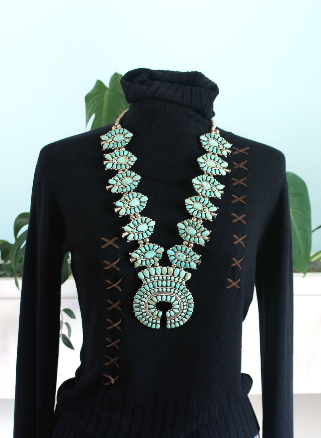 Turquoise Extra Large Squash Blossom Necklace, Vintage Navajo Larry