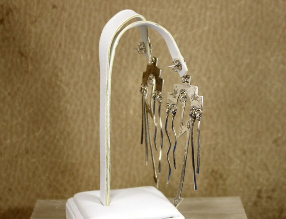 Metallic Silver Statement Dangle Earrings, Arrow … - image 3