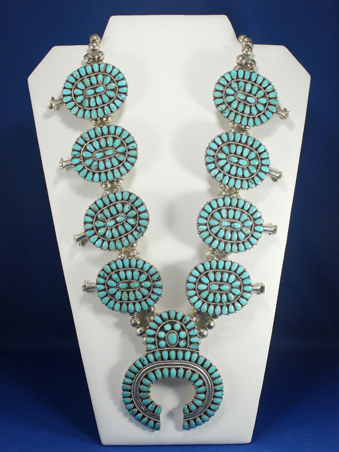 Squash Blossom Necklace, Navajo Vintage Turquoise and Sterling Silver