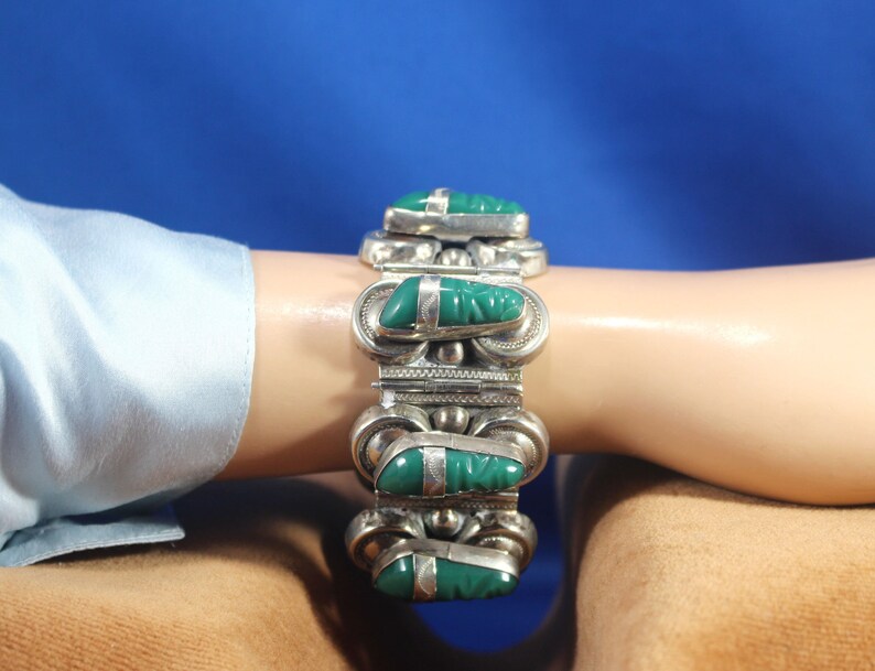 Vintage Mexican Sterling Silver Onyx Bracelet, Carved Tribal Face Bracelet 7