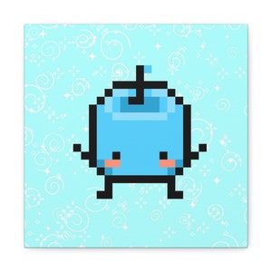 May include: A pixelated blue character with a small antenna on top of its head. The character has a small mouth and two pink cheeks. The character is standing on a light blue background with white swirls.