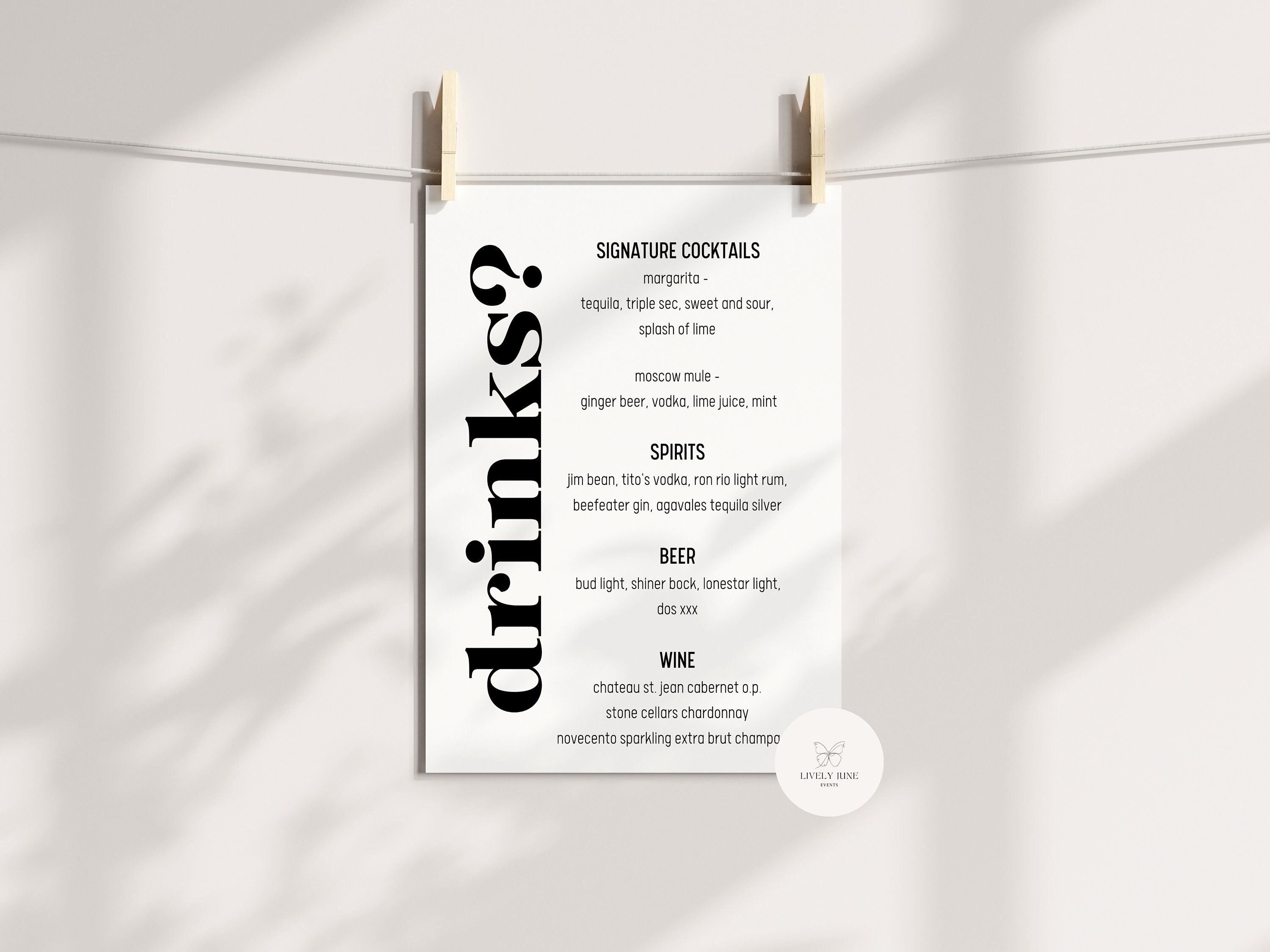 Modern Wedding Bar Menu Template | Special Event Drink Sign | DIY, Editable Digital Download - The Peyton