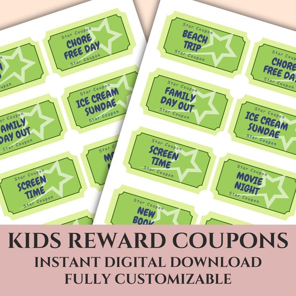 Kids Reward Coupons, Printable Activity Book, Editable Coupon Template, Custom Reward Tokens, Reward Jar, Coupons for Kids, Reward System