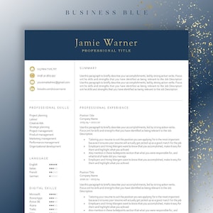 May include: A blue and gold resume template with the name Jamie Warner and the title "Professional Title". The resume includes sections for professional skills, language, digital skills, and professional experience.