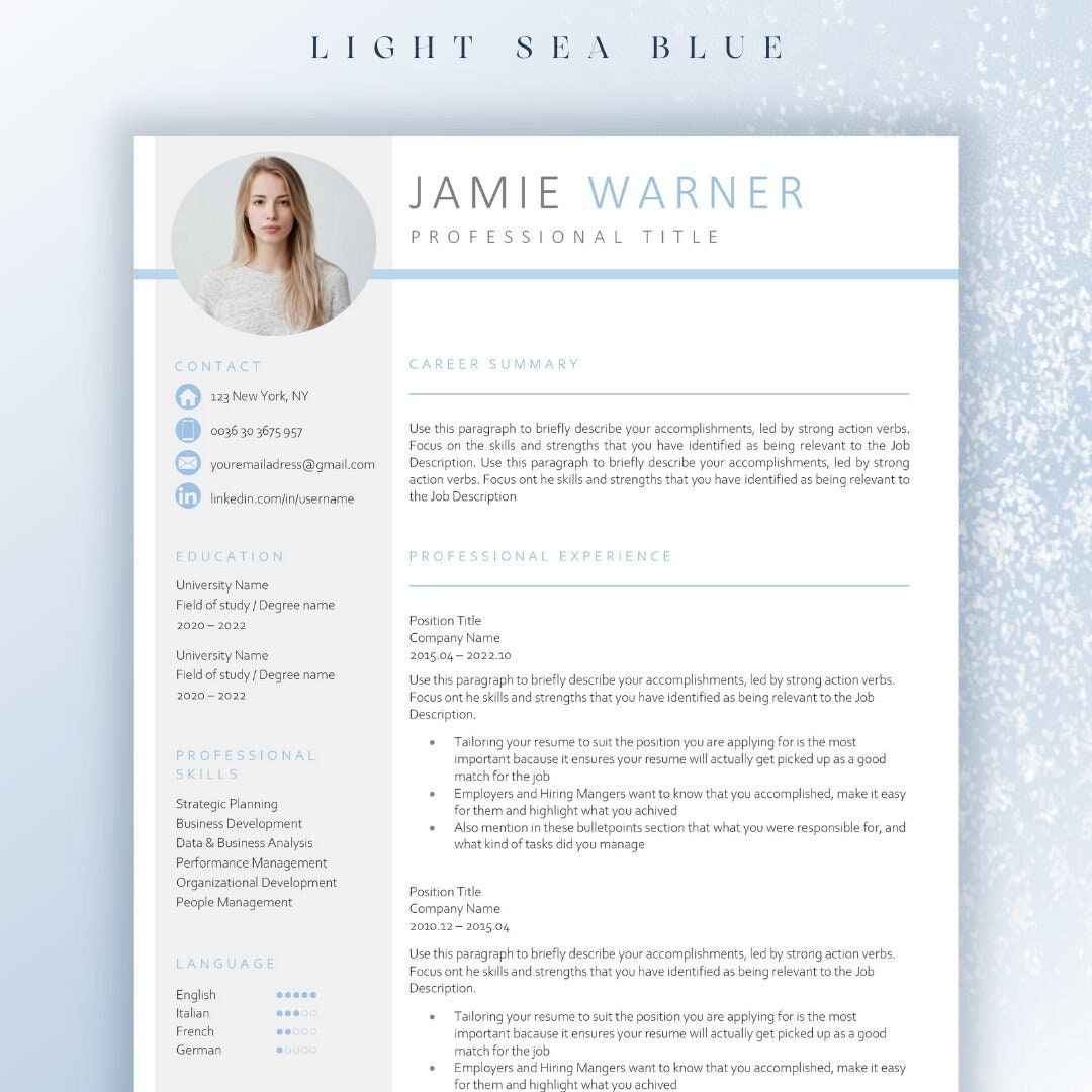Resume Template CV Template Light Sea Blue Resume Template ATS 