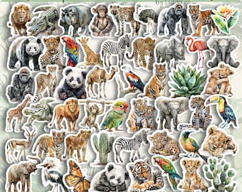 JUNGLE Wildlife Stickers | Watercolor Animal Decals | Exotic Zoo Animal Stickers for Journals, Scrapbooks, Waterbottles, Laptop, Crafts