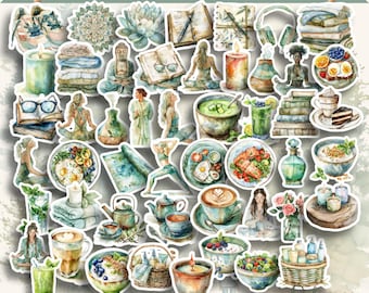 May include: A collection of watercolor stickers with a health and wellness theme. The stickers feature images of yoga, food, candles, books, and spa items in shades of green, blue, and brown. The text "Health & Wellness Stickers" is at the top.