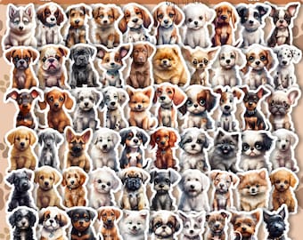 May include: A collection of puppy dog stickers featuring various breeds in different colors and poses. The sheet includes numerous illustrated puppies with distinct facial expressions and fur patterns, all arranged in a grid on a light background.