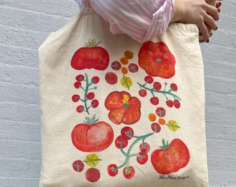 Tomato Watercolored print Farmer's Market Aesthetic cotton canvas tote