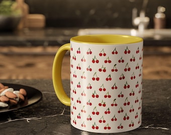 Cherry Watercolor Mug, Colorful Tea Cup, Fruit Print Coffee Mug, Kitchen Decor Gift