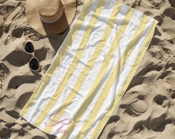 Personalized Monogrammed Beach Towel with Retro Yellow Striped and Pink Initial | Coquette 1960s vibe Beach Blanket for Bachelorette Party