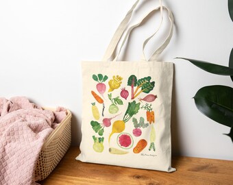 Root Vegetables Watercolored print Farmer's Market Tote | Botanical Reusable Grocery Bag