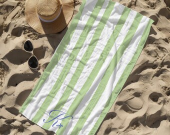 Personalized Monogrammed Beach Towel Coastal Green Striped and Blue Bow and Initial | Coquette 60s vibe Beach Blanket for Bachelorette Gift
