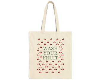 Cherry Print Farmer's Market Aesthetic Wash Your Fruit cotton canvas tote