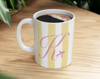 Monogram Ceramic Mug with Pink Initial, Bow, Yellow Watercolor Stripes, Coastal and Coquette, Personalized Coffee Cup, Gift for Her, Custom