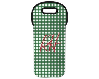 Gingham Green and Red Monogrammed Wine Tote Bag - Personalized Wine Carrier, Insulated Bottle Holder, Custom Wine Bag, Wine Lover Gift