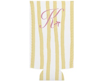Yellow Monogrammed Striped Slim Can Cooler, Wedding Bridal Shower Bachelorette Party Cozies, She's Off the Market, Personalized Beverage