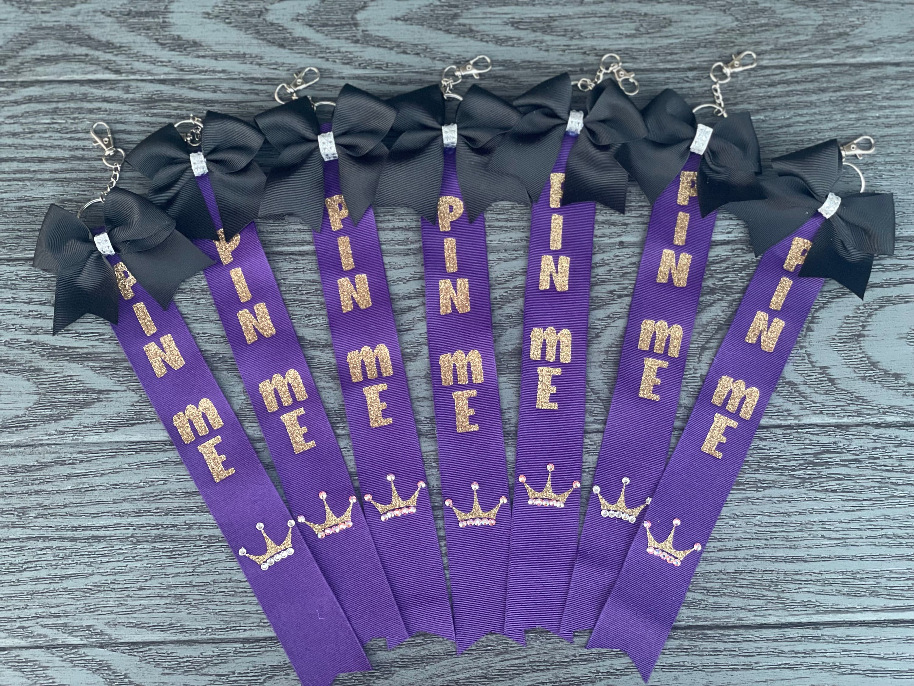 Pin Me Ribbon, Purple and Gold Pin Me Ribbons, Cheerleader Ribbons, Bookbag  Accessories, Cheer Accessories, Black Bows, Rhinestone Bow