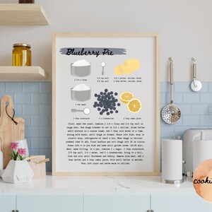 Blueberry Pie Illustrated Recipe - Instant Download - Printable Recipe - Kitchen Art Decor