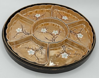 7-teiliges japanisches orangefarbenes Lusterware-Set mit handbemalten Kirschblüten, Süßwaren-/Gewürz-/Snack- und Dip-Servierset in original lackierter Holzkiste