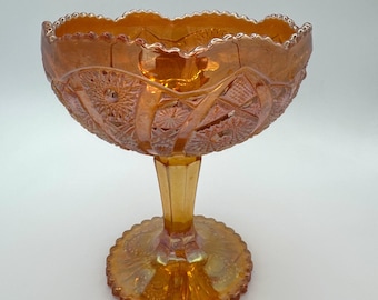 Iridescent Carnival Glass Pedestal Candy/Compote Dish w/ Scalloped Edge • Large • VTG •  MCM • Hobstar & Arches • Fenton • Imperial