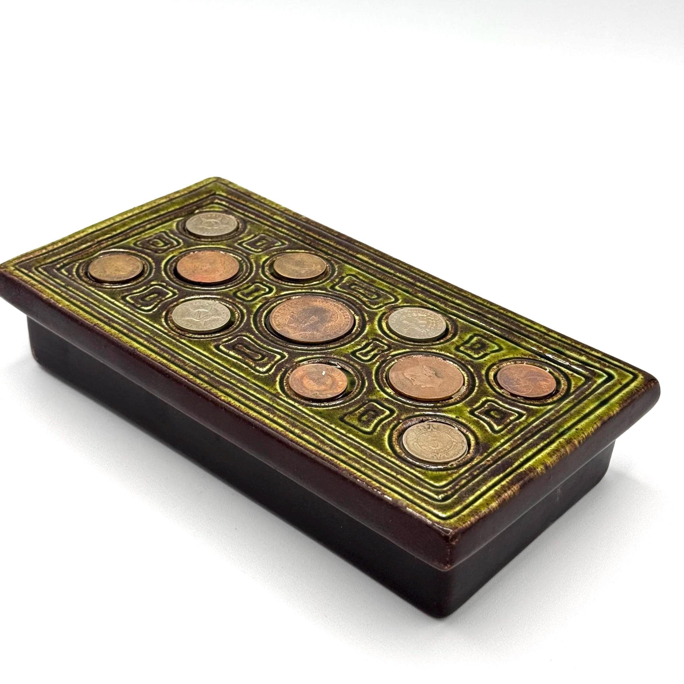 VTG Hayden Lewis style Coin Inlaid Ceramic Trinket Box | 1960s