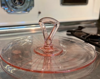 Pink Depression Glass Serving Platter with Handle 11”