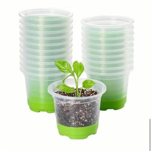 May include: A set of 12 clear plastic plant pots with green bottoms. The pots are stacked in two groups of six. A small plant is growing in one of the pots.