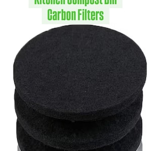 May include: A stack of three circular black carbon filters for a kitchen compost bin. The text 3pc Kitchen Compost Bin Carbon Filters is displayed in green above the filters. These round, porous pads are designed for odor absorption.