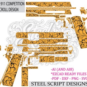 May include: A digital vector file set featuring a Colt 1911 competition scroll design in orange and black. The image displays various firearm component patterns, text reading COLT 1911 COMPETITION SCROLL DESIGN, and file formats AI, AI8, EZCAD, PDF, DXF, PNG, SVG.