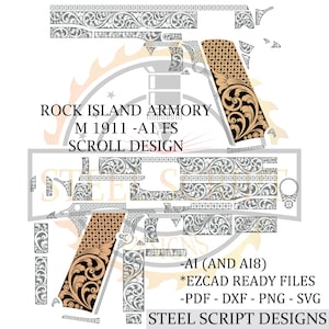 May include: A detailed scroll design for a Rock Island Armory M1911-A1 FS. The design features intricate floral patterns and geometric shapes. The image includes the text "ROCK ISLAND ARMORY M 1911 -A1 FS SCROLL DESIGN" and file type information.