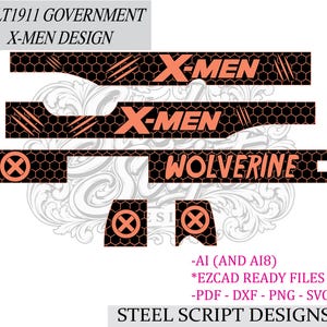 Puede incluir: Un conjunto de archivos de diseño digital para un modelo Colt 1911 Government con temática X-Men. Los gráficos incluyen un patrón de panal negro con detalles en color melocotón, el texto X-MEN y WOLVERINE, marcas de garras y logotipos circulares.