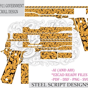 Pode incluir: Um conjunto de arquivos gráficos digitais para uma pistola Colt 1911 Government com um padrão de volutas laranja e preto. A imagem inclui o texto COLT1911 GOVERNMENT SCROLL DESIGN, AI (AND AI8), EZCAD READY FILES, PDF, DXF, PNG, SVG e STEEL SCRIPT DESIGNS.