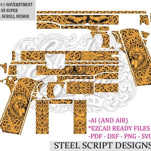 May include: A digital vector design file for a Colt 1911 Government 38 Super featuring an intricate orange hen and scroll pattern on a black background. The text reads COLT 1911 GOVERNMENT 38 SUPER HEN & SCROLL DESIGN, AI (AND AI8), EZCAD READY FILES, PDF - DXF - PNG - SVG, STEEL SCRIPT DESIGNS.